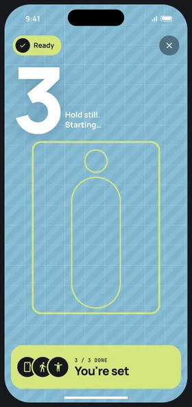 Camera setup screen with a lime frame: ready, starting in 3.