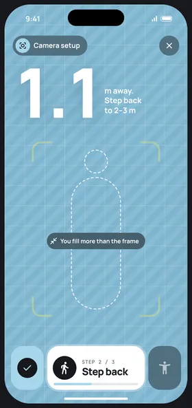 Camera setup screen: 1.1 m away, step back to 2–3 m.